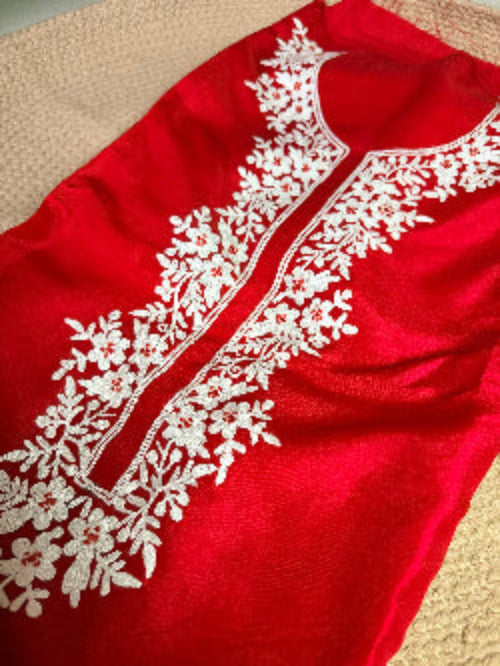 Red silk kurta with white aari embroidery
