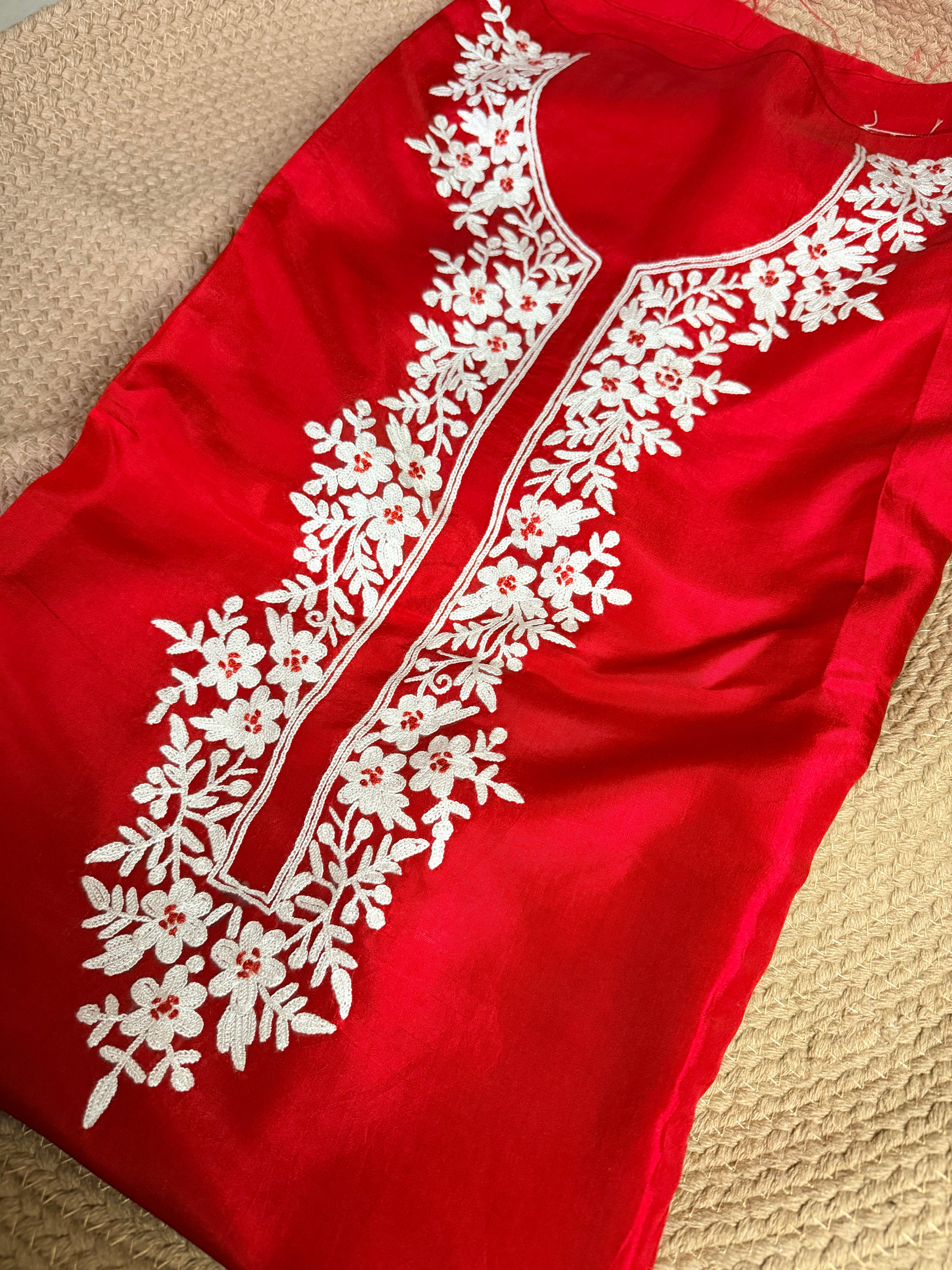 Red silk kurta with white aari embroidery