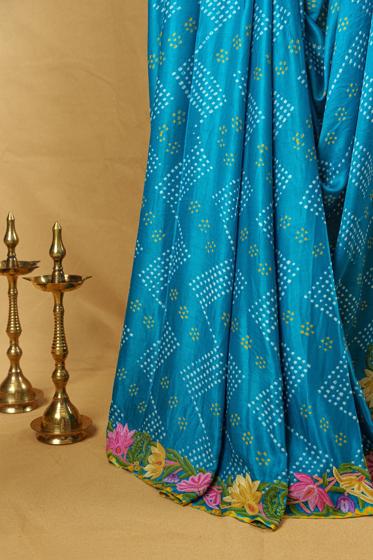 Azure Pure Silk Bandhani Saree with Floral Aari Embroidery