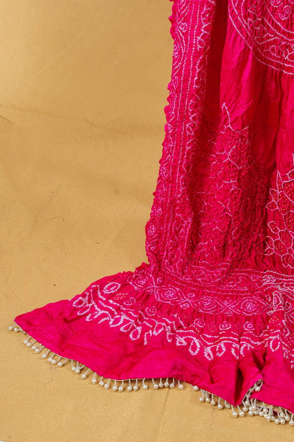 Hot Pink Gajji Silk Dupatta With Pearl Tassles