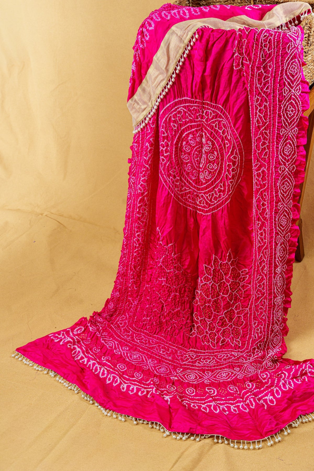 Hot Pink Gajji Silk Dupatta With Pearl Tassles