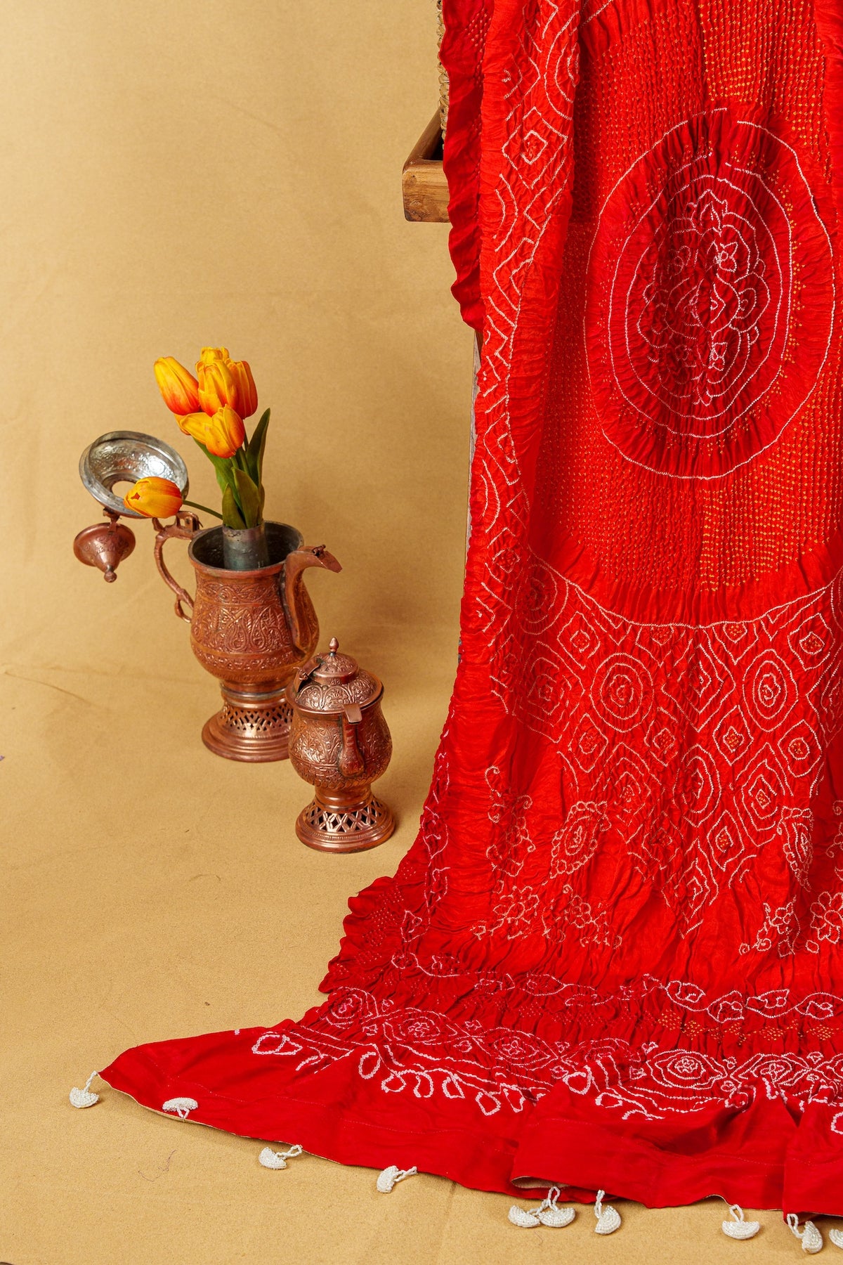 Red-Orange Silk Chandrakhani Bandhani Dupatta