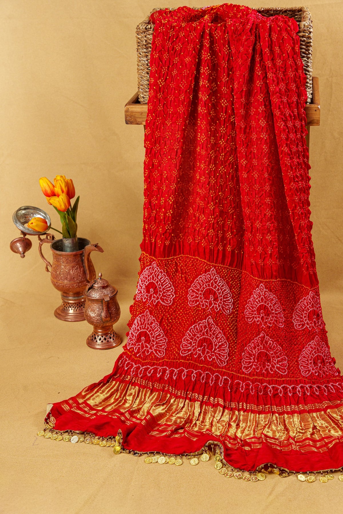 Silk Bandhani Dupatta With Peacock Motif
