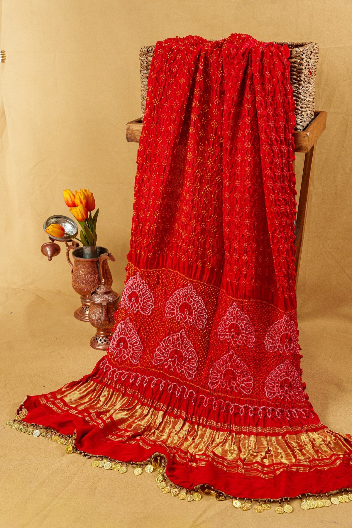 Silk Bandhani Dupatta With Peacock Motif