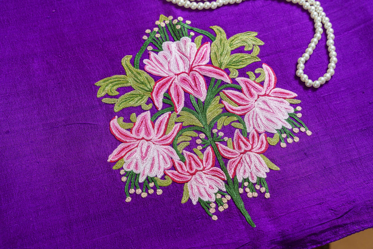 Purple Raw Silk Blouse With Aari Embroidery-Unstitched