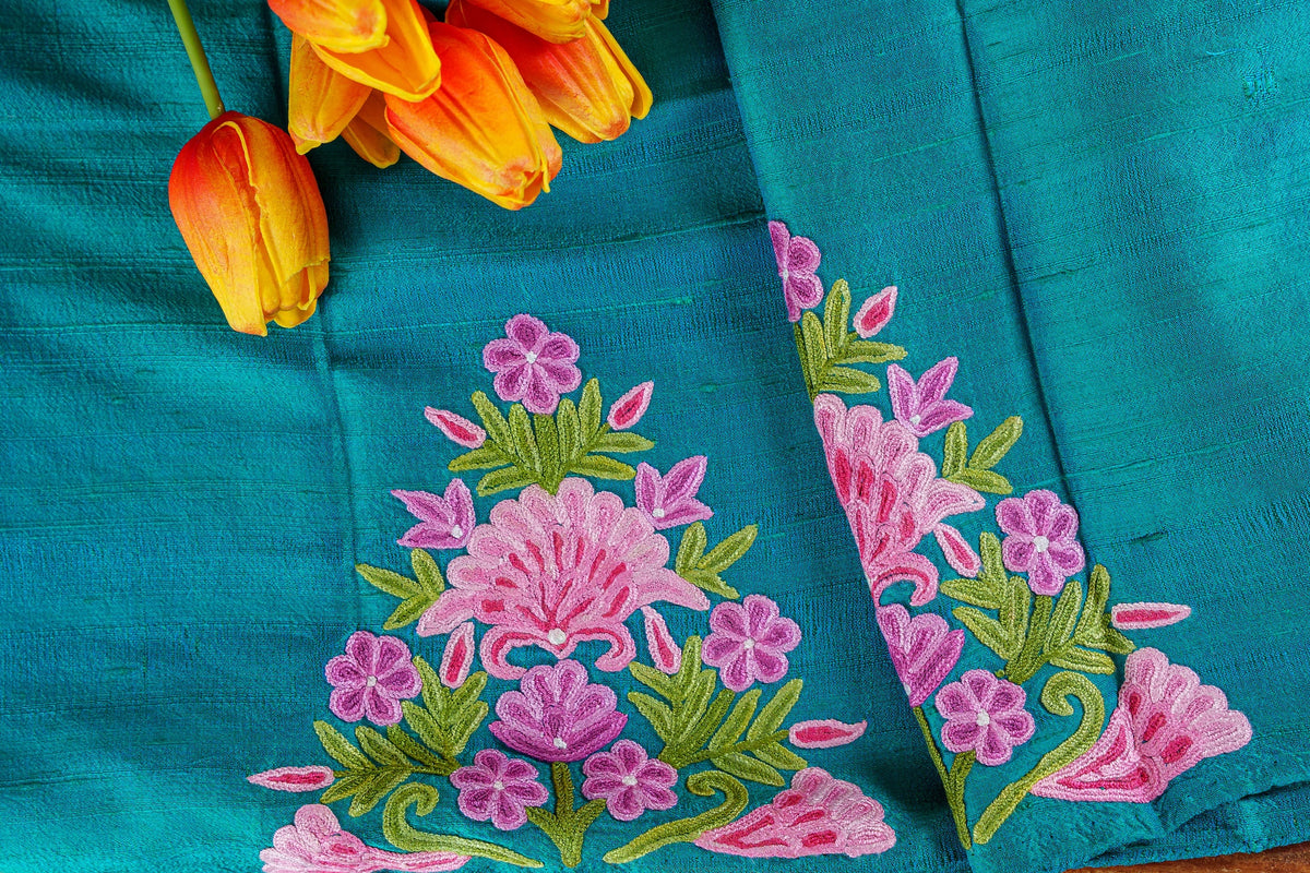 Teal Raw Silk Blouse With Aari Embroidery-Unstitched
