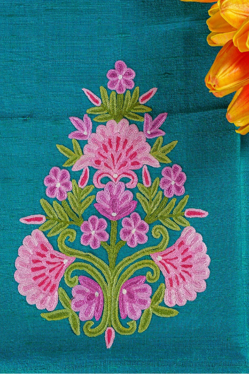 Teal Raw Silk Blouse With Aari Embroidery-Unstitched