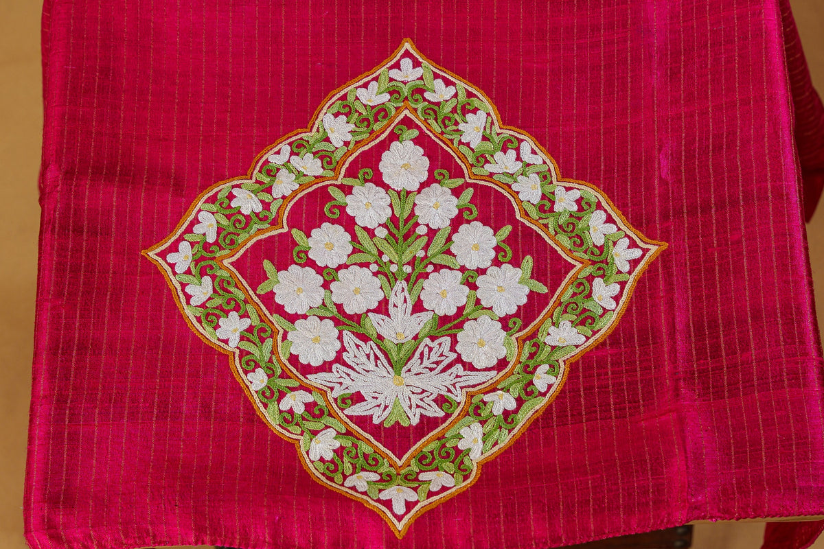 Deep Pink Raw Silk Blouse With Aari Embroidery-Unstitched