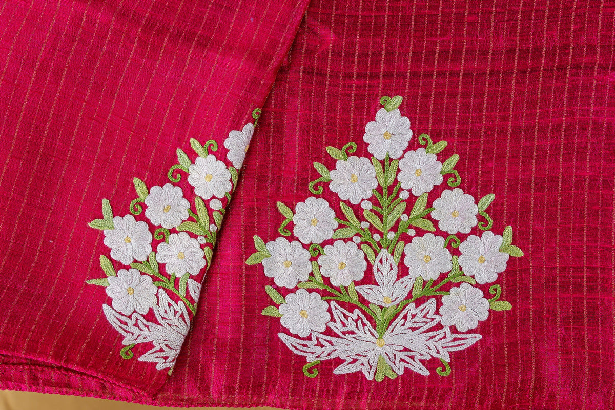 Deep Pink Raw Silk Blouse With Aari Embroidery-Unstitched