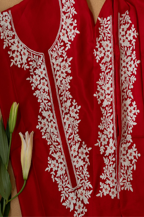 Red Silk Kurta with White Threadwork