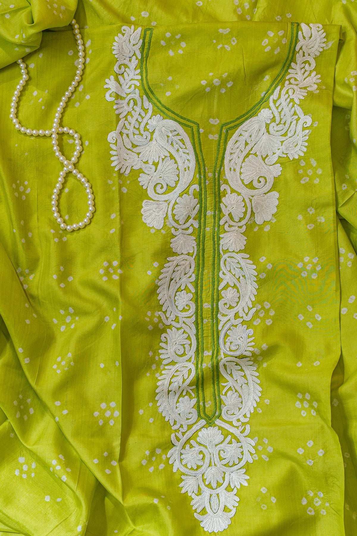 Lime Green Bandhani Kurta Set With Aari Neckline-Unstitched