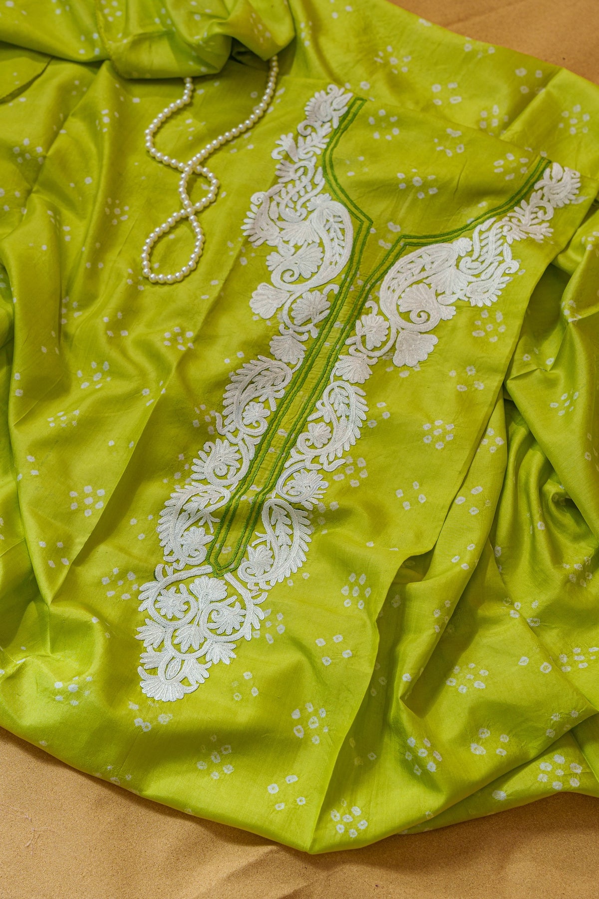 Lime Green Bandhani Kurta Set With Aari Neckline-Unstitched