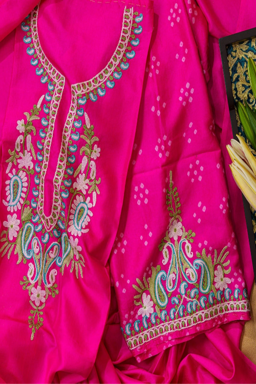 Deep Pink Bandhani And Aari Kurta Set-Unstitched