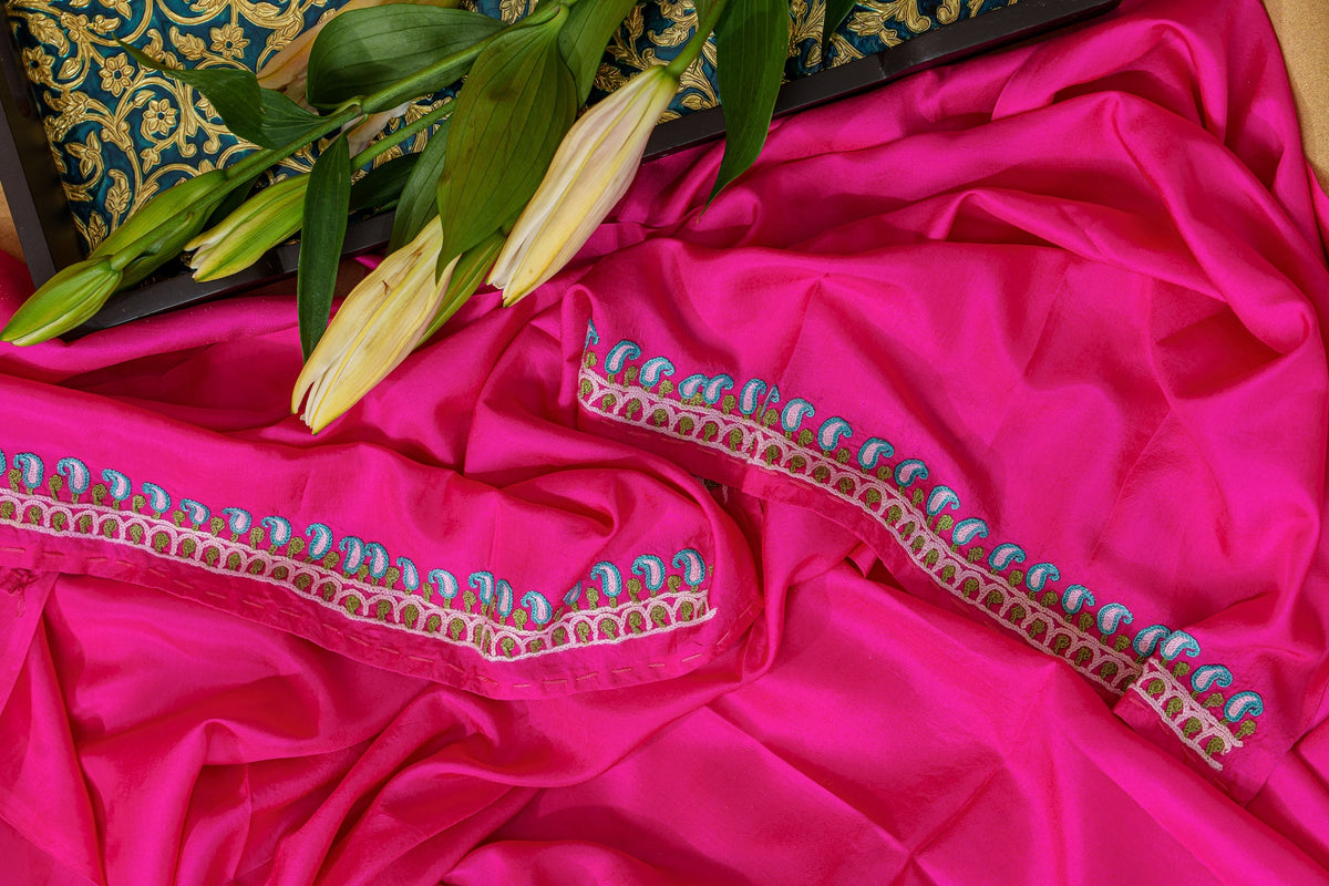 Deep Pink Bandhani And Aari Kurta Set-Unstitched