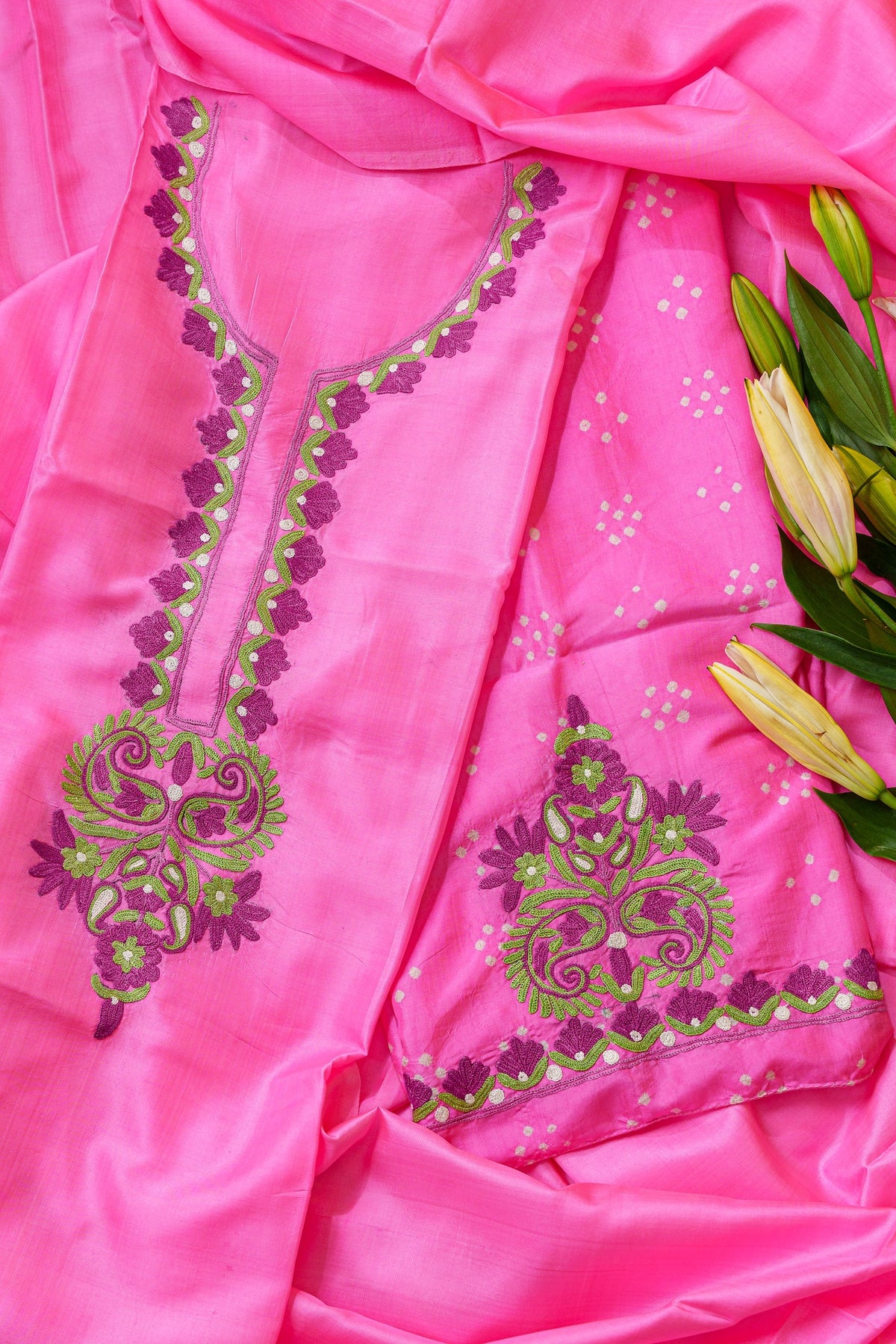 Blush Pink Silk Bandhani And Aari Kurta Set-Unstitched
