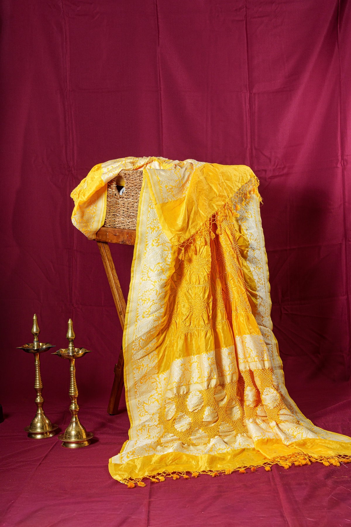 Saffron Yellow Silk Banarasi Bandhani Dupatta