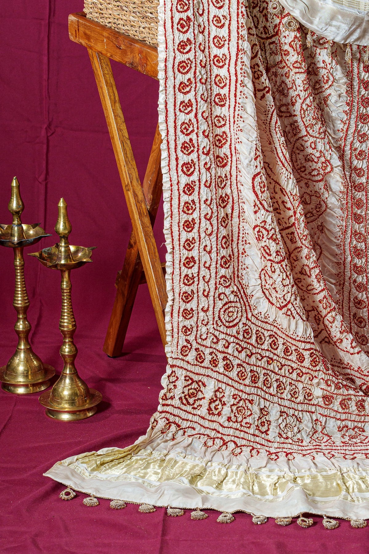Ivory And Deep Red Silk Bandhani Dupatta