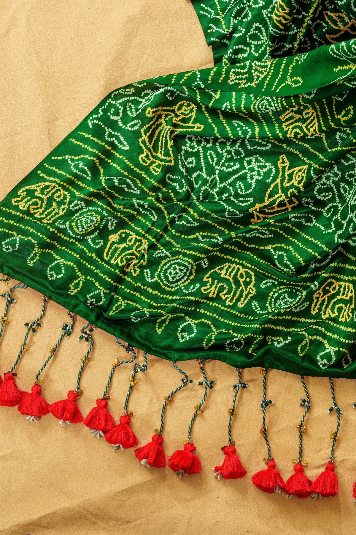 Deep Forest Green Pure Silk Bandhani And Aari Work Saree