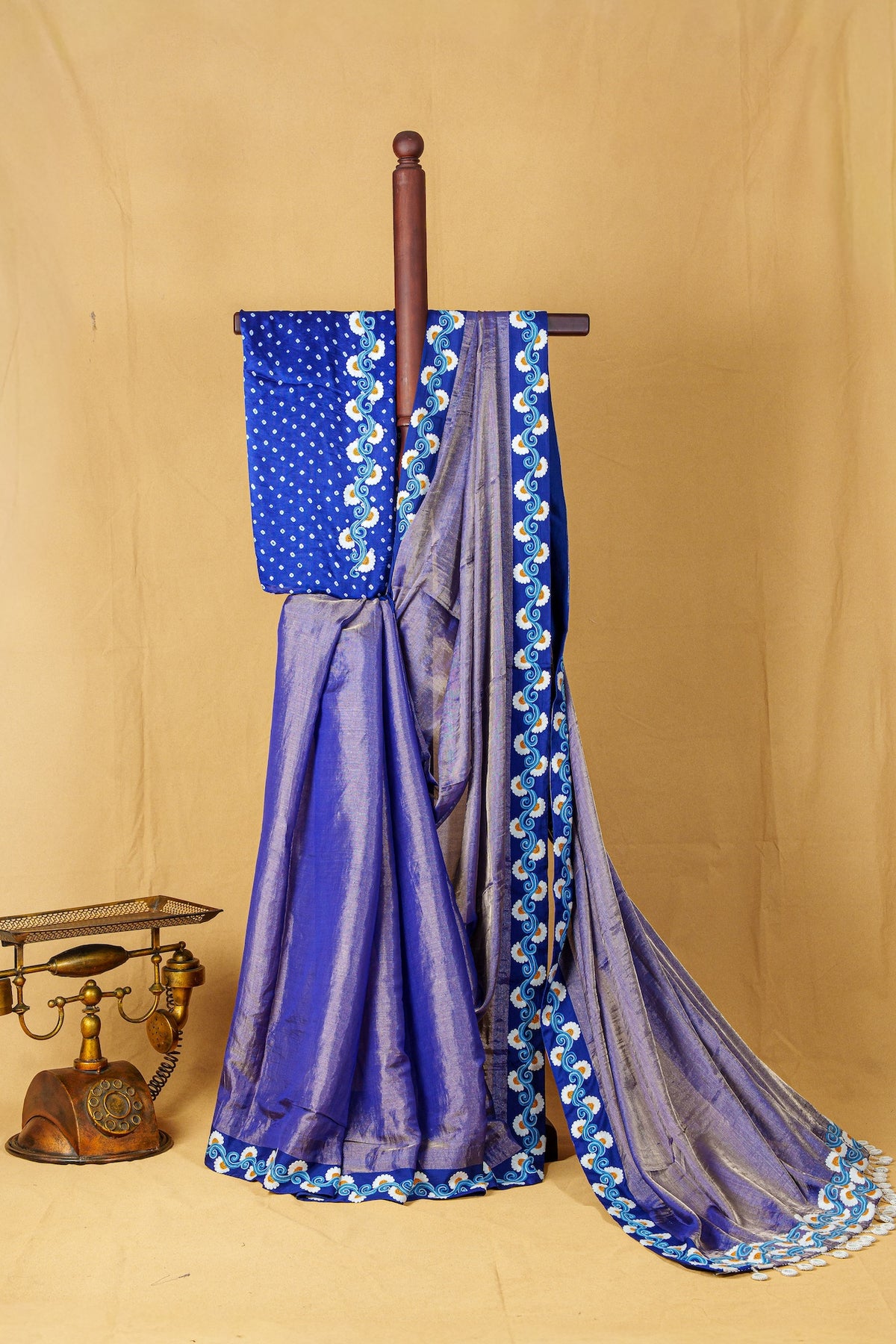 Royal Blue Tissue Saree With Aari Work And Bandhani And Aari Blouse-Unstitched