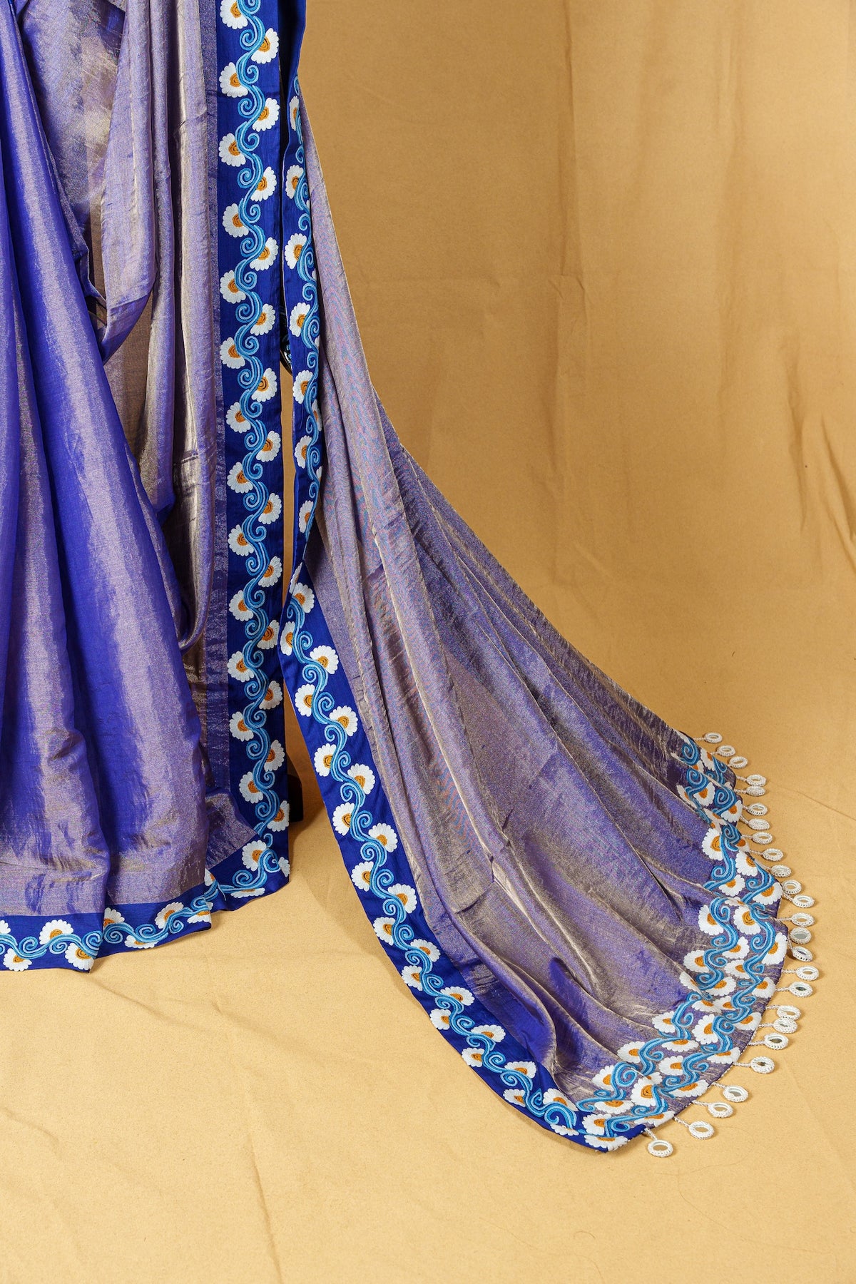 Royal Blue Tissue Saree With Aari Work And Bandhani And Aari Blouse-Unstitched