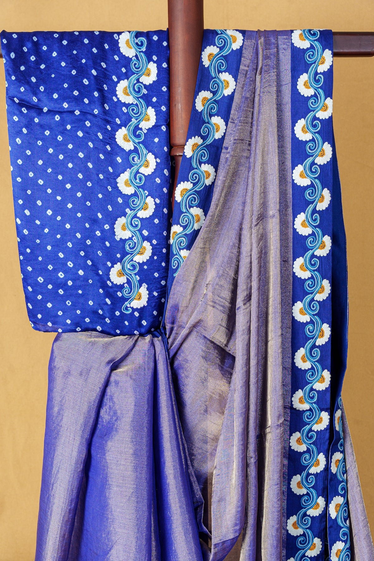 Royal Blue Tissue Saree With Aari Work And Bandhani And Aari Blouse-Unstitched