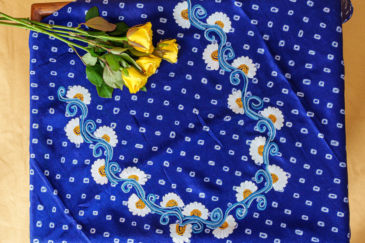 Royal Blue Tissue Saree With Aari Work And Bandhani And Aari Blouse-Unstitched