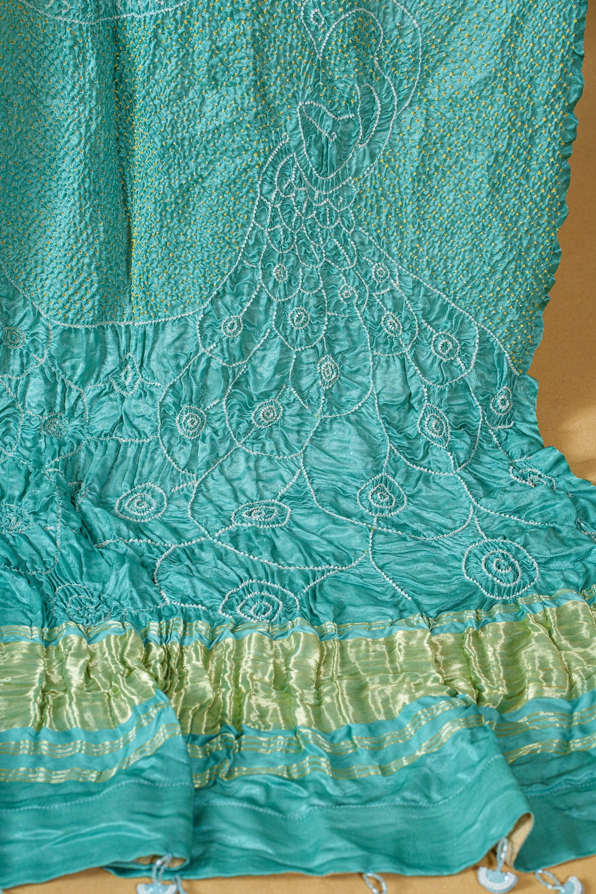 Sea Green Silk Bandhani Dupatta With Figurative Peacock Motifs