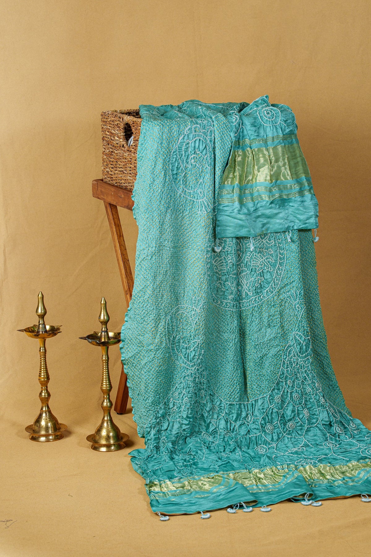 Sea Green Silk Bandhani Dupatta With Figurative Peacock Motifs