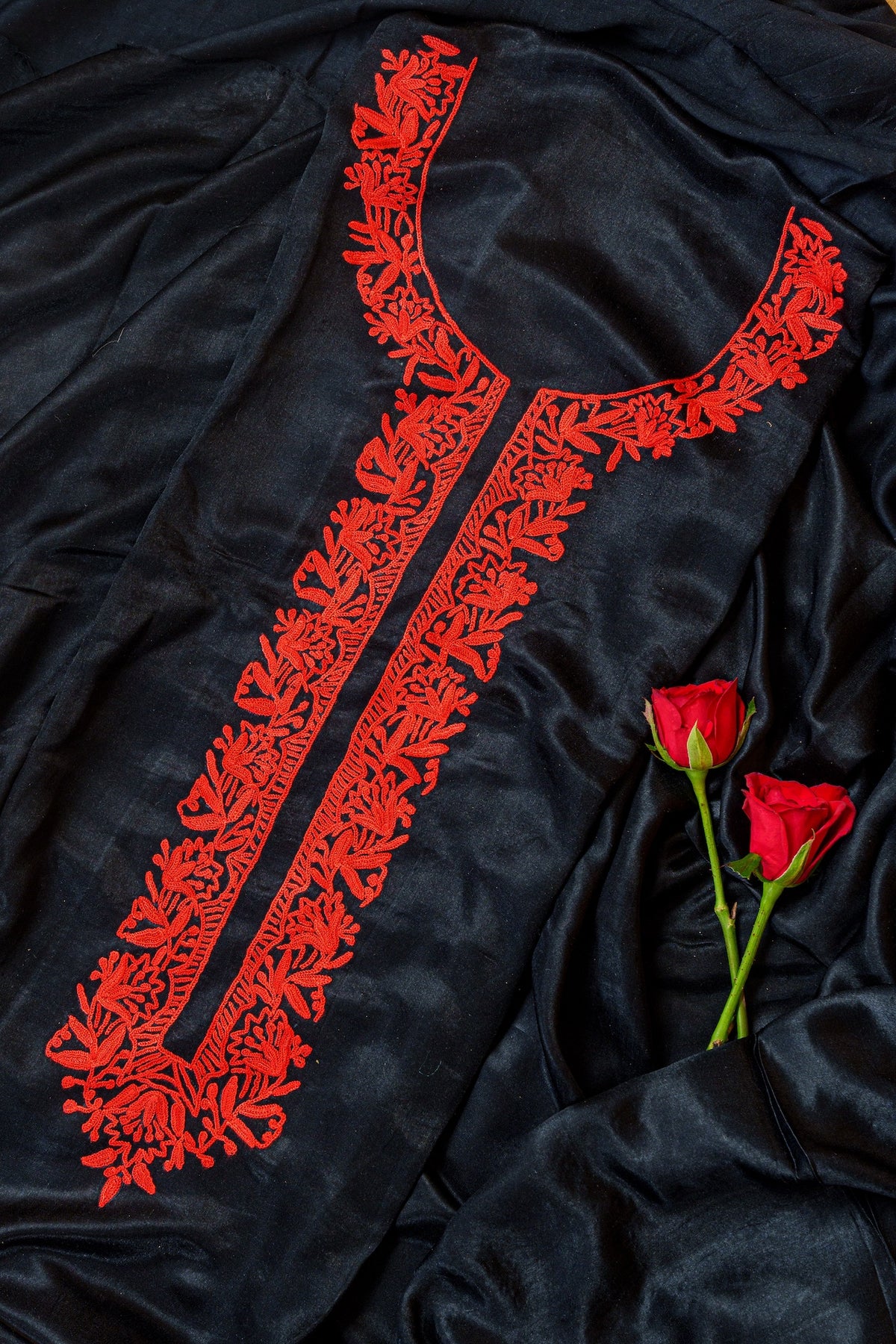 Jet Black Silk Kurta Set With Red Aari Embroidery