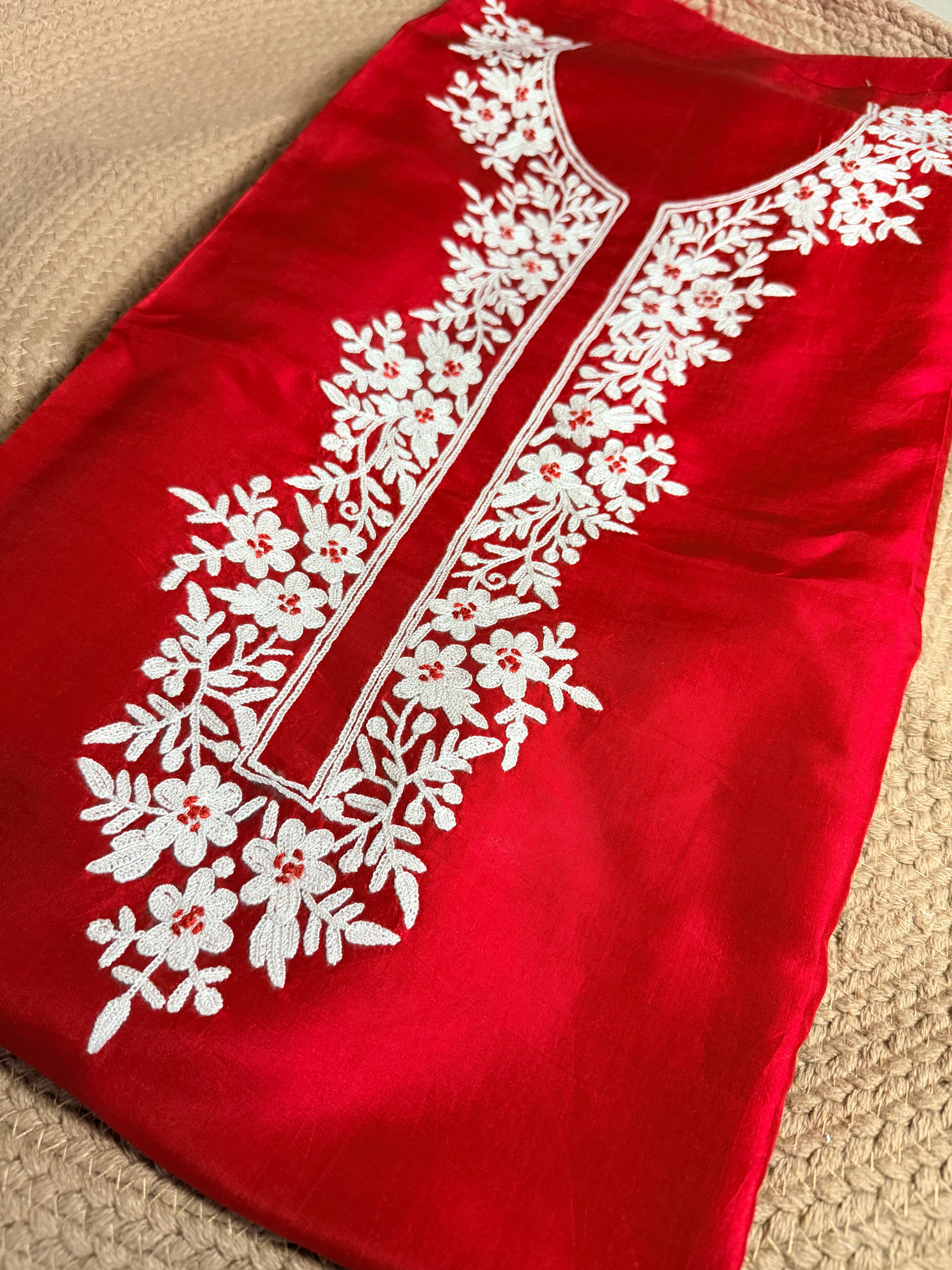 Red silk kurta with white aari embroidery