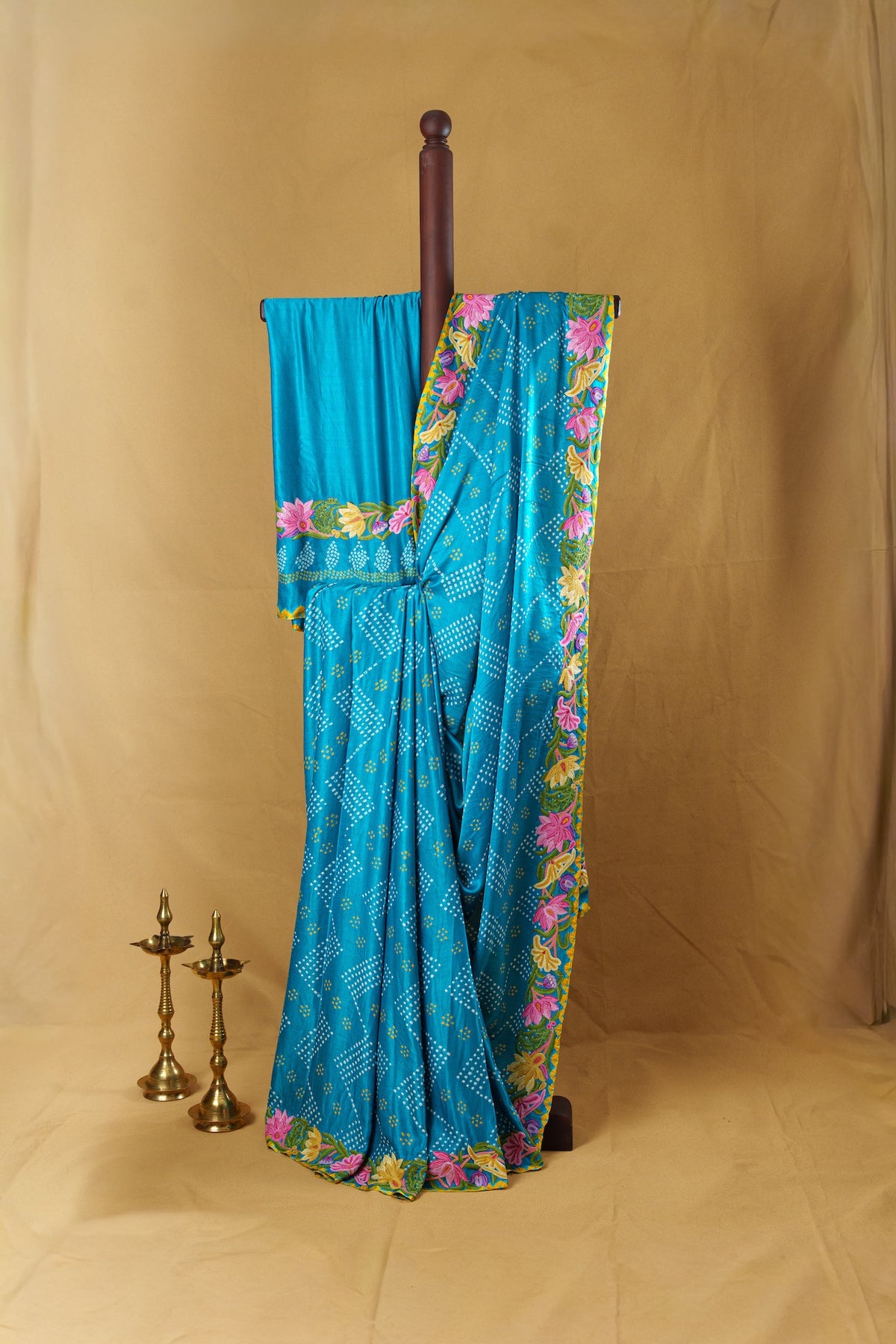 Azure Pure Silk Bandhani Saree with Floral Aari Embroidery
