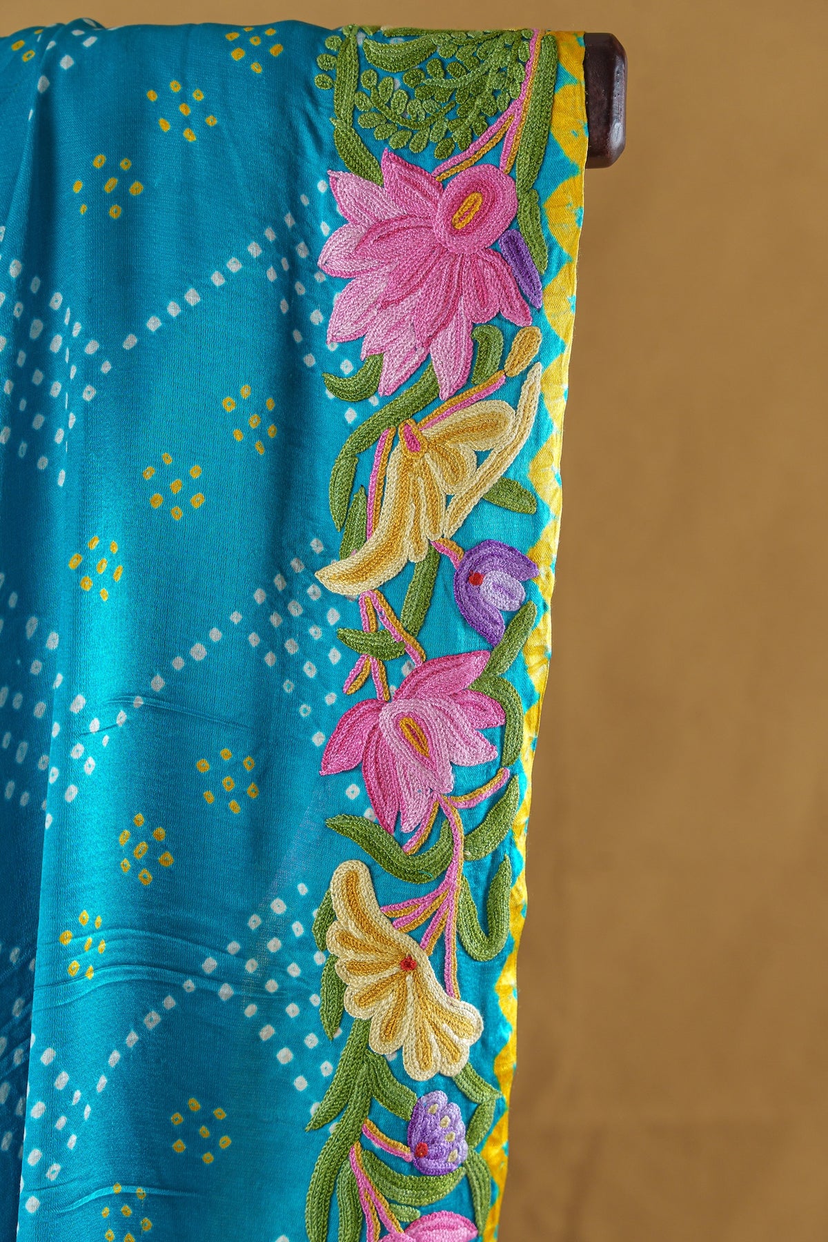 Azure Pure Silk Bandhani Saree with Floral Aari Embroidery