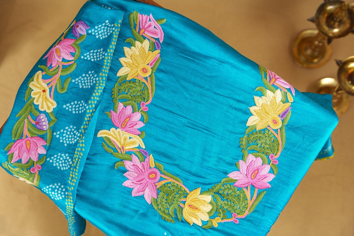 Azure Pure Silk Bandhani Saree with Floral Aari Embroidery