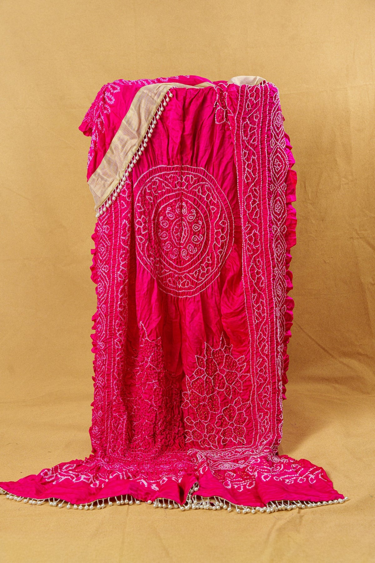 Hot Pink Gajji Silk Dupatta With Pearl Tassles