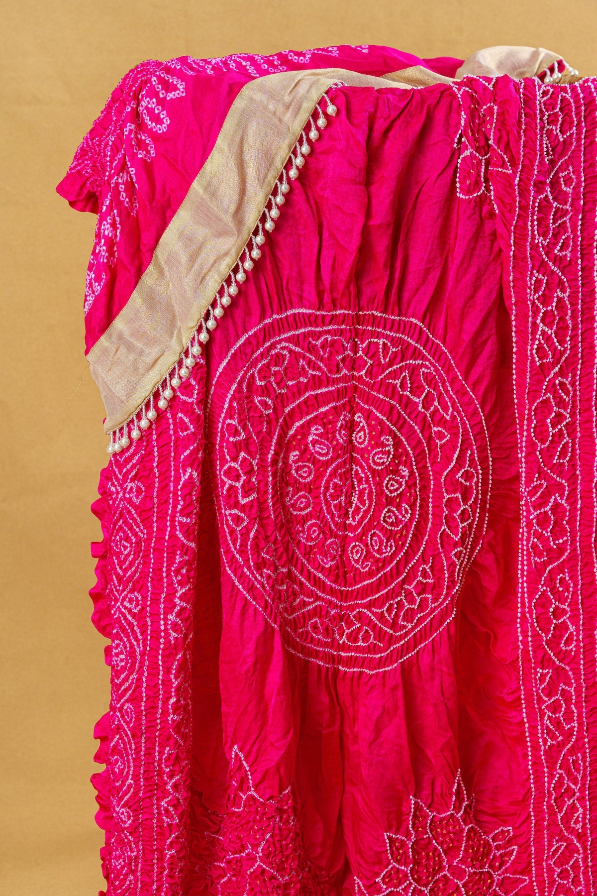 Hot Pink Gajji Silk Dupatta With Pearl Tassles