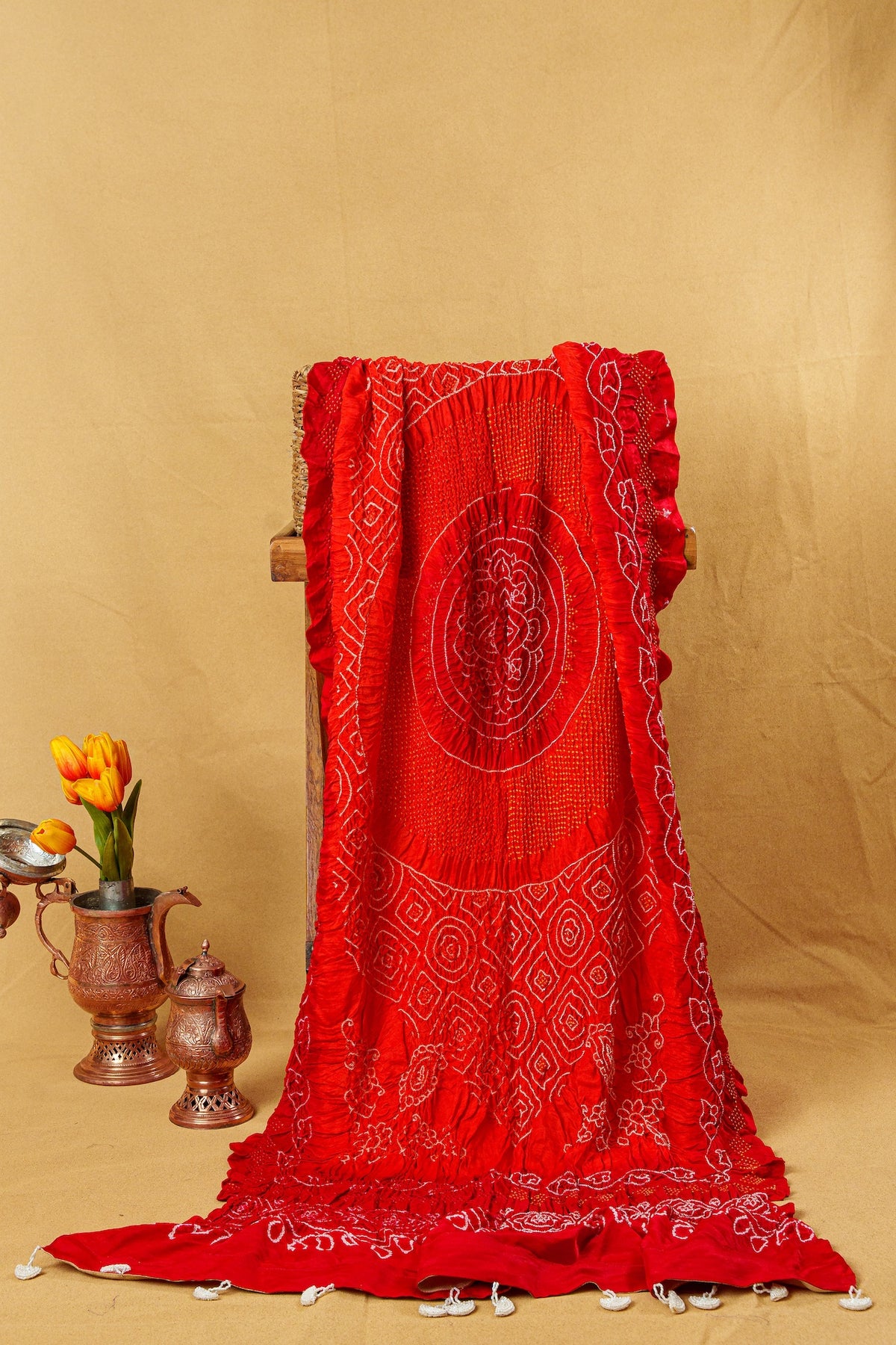 Red-Orange Silk Chandrakhani Bandhani Dupatta