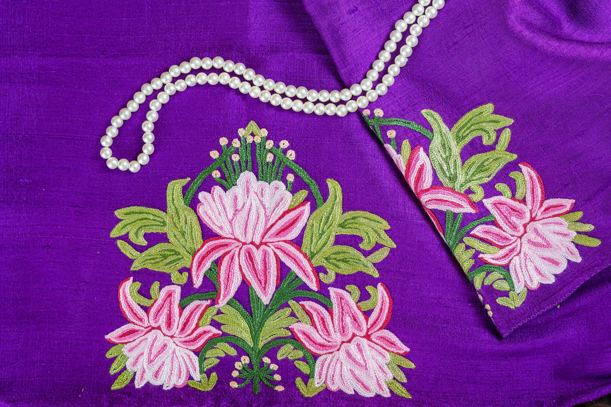 Purple Raw Silk Blouse With Aari Embroidery-Unstitched