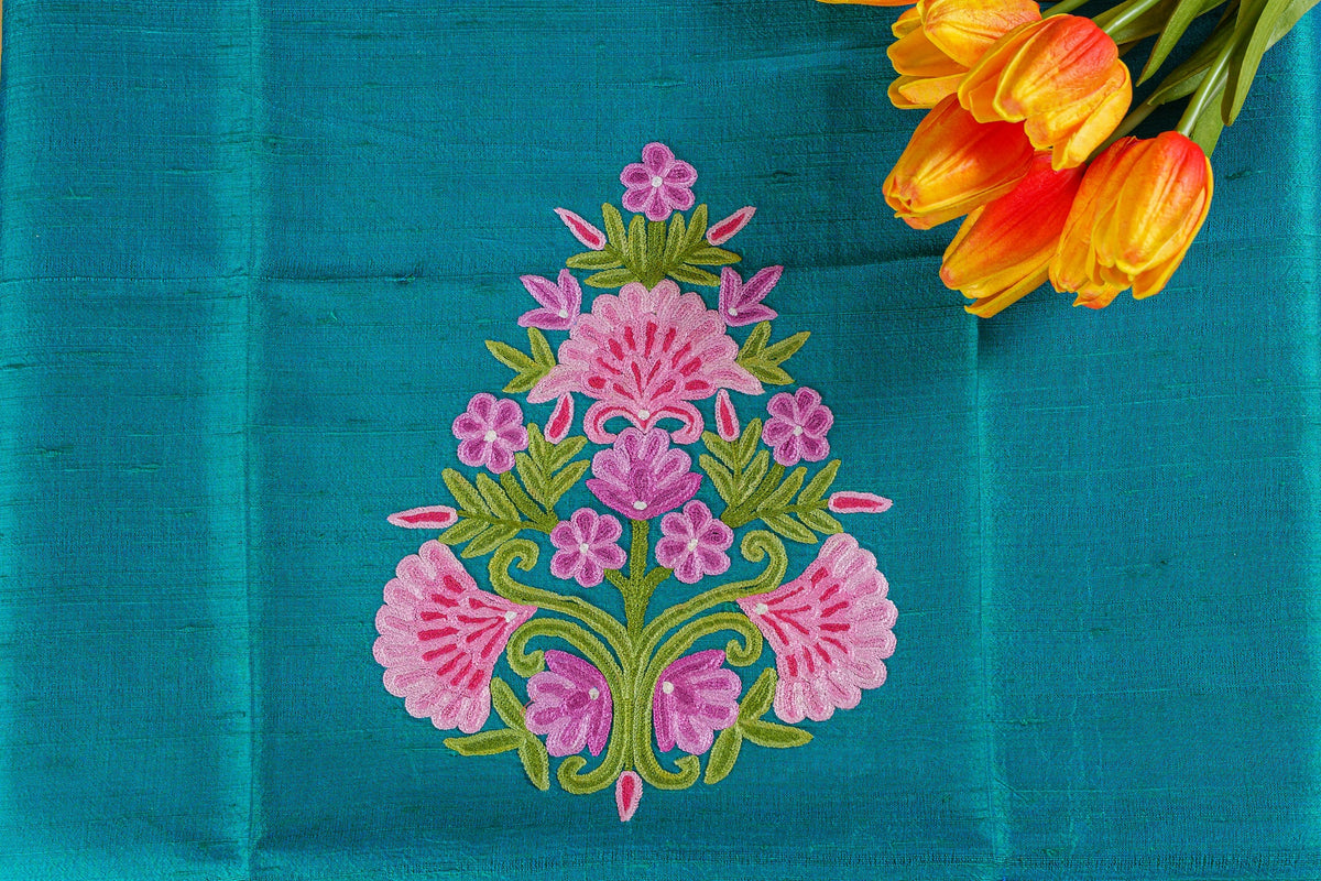 Teal Raw Silk Blouse With Aari Embroidery-Unstitched