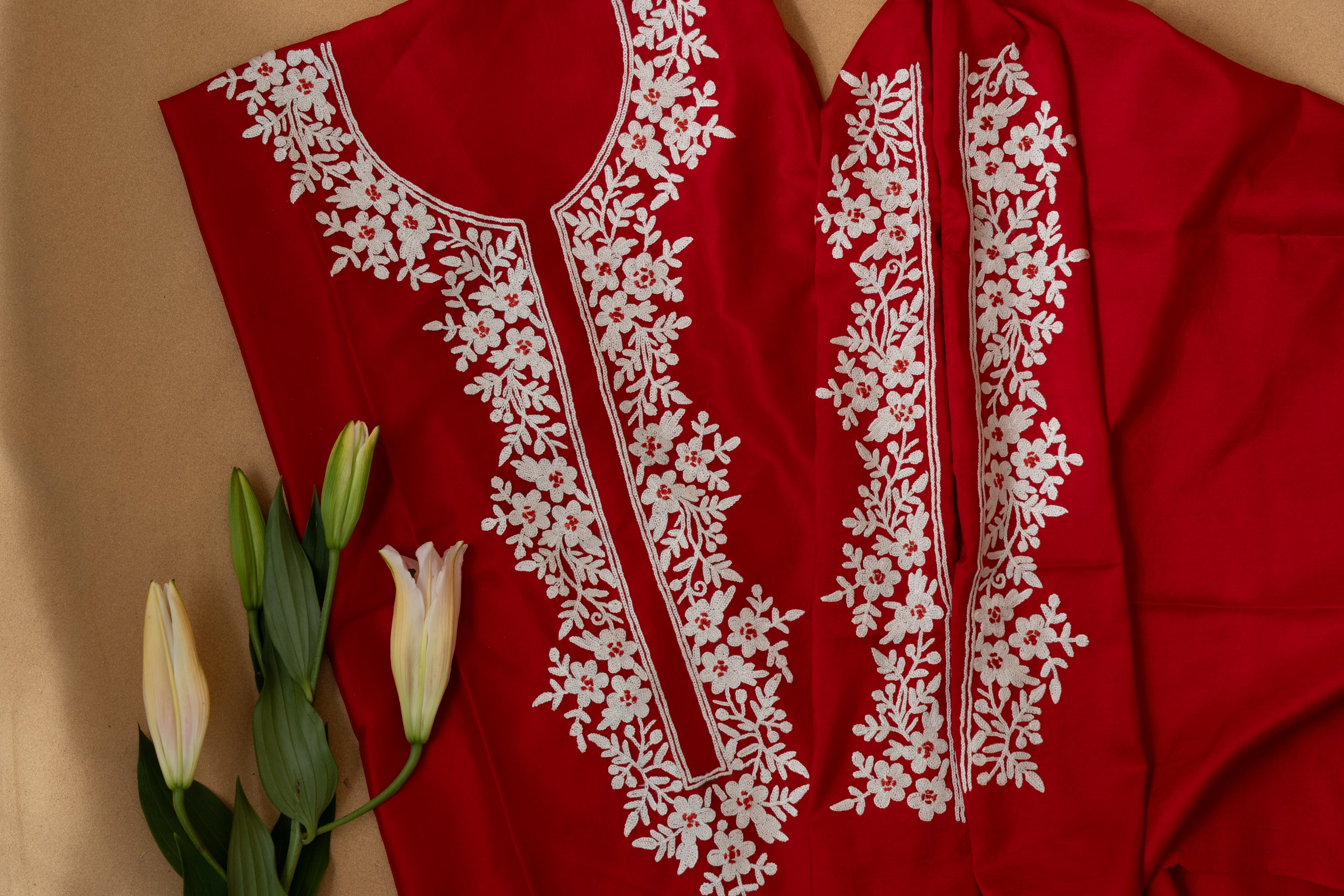 Red silk kurta with white aari embroidery
