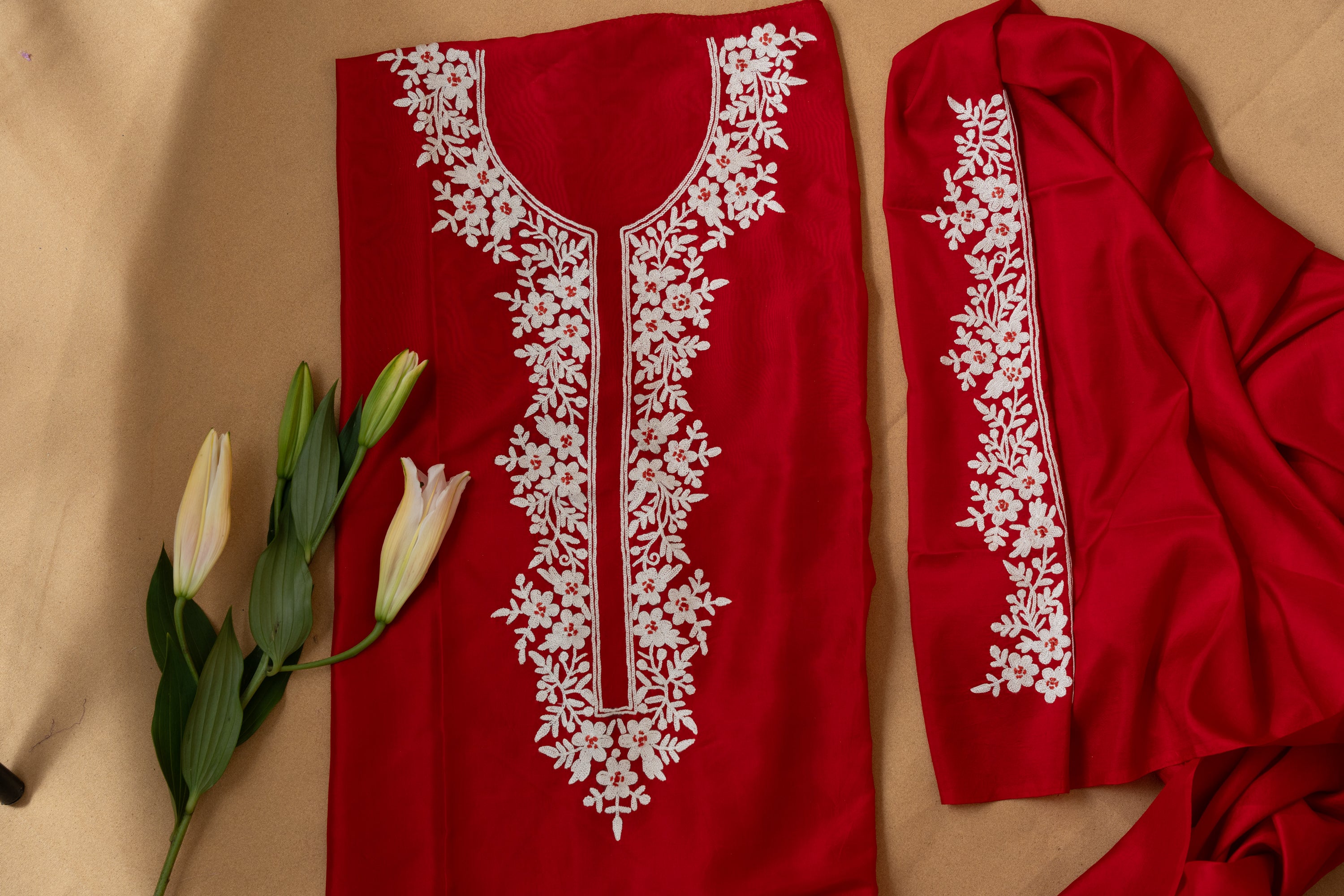 Red silk kurta with white aari embroidery