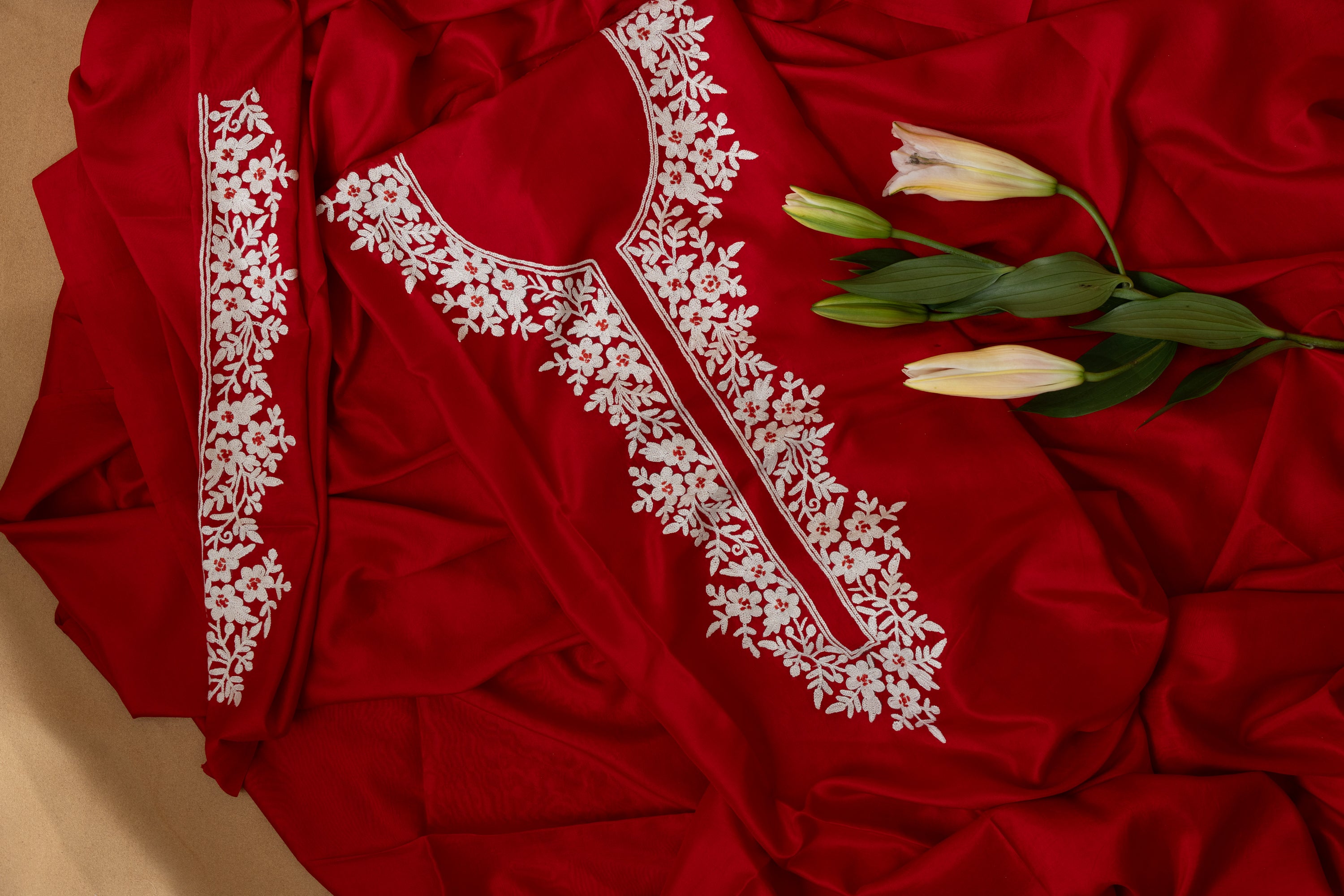 Red silk kurta with white aari embroidery