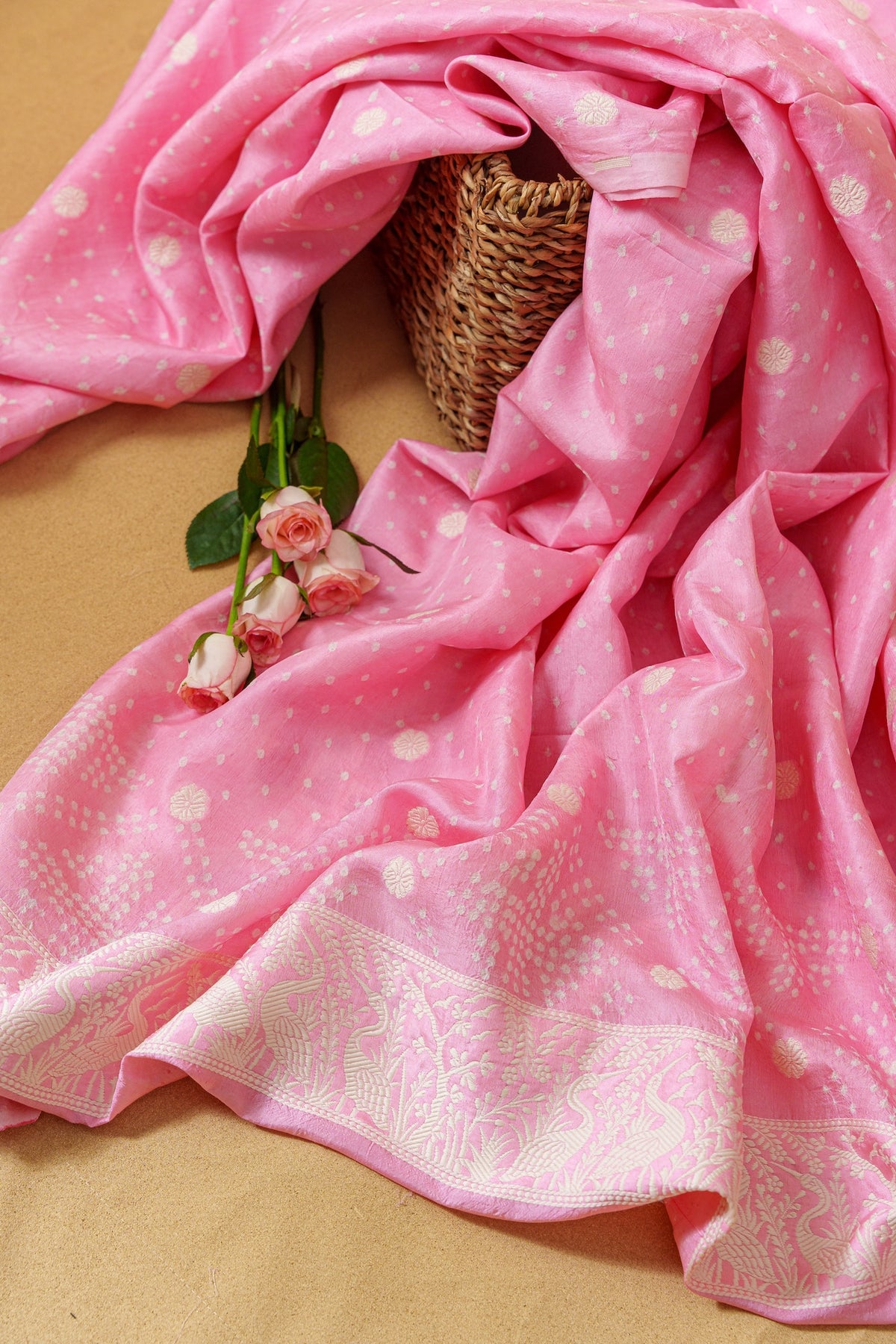 Pink Gajji Silk Bandhani Kurta With Parsi Gara-Unstitched