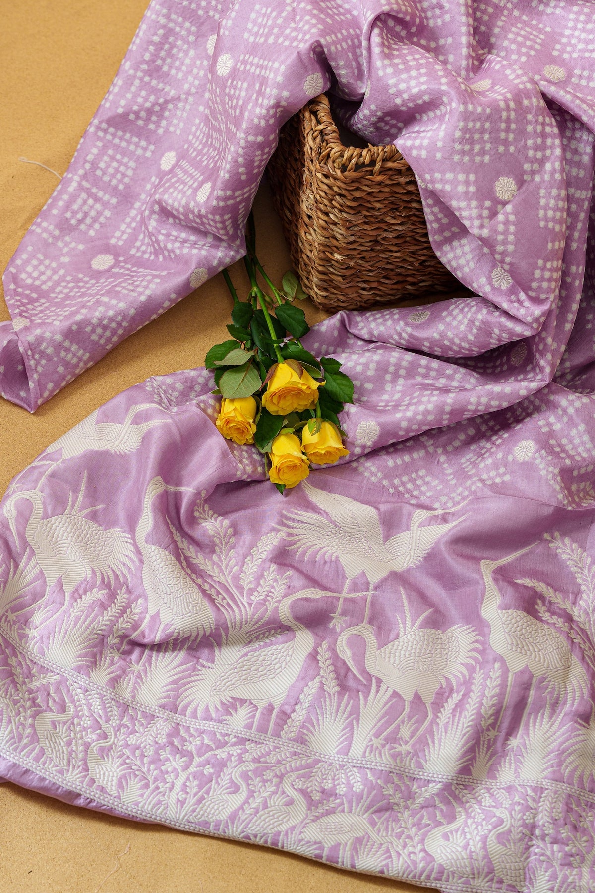 Pink Gajji Silk Bandhani Kurta With Parsi Gara-Unstitched