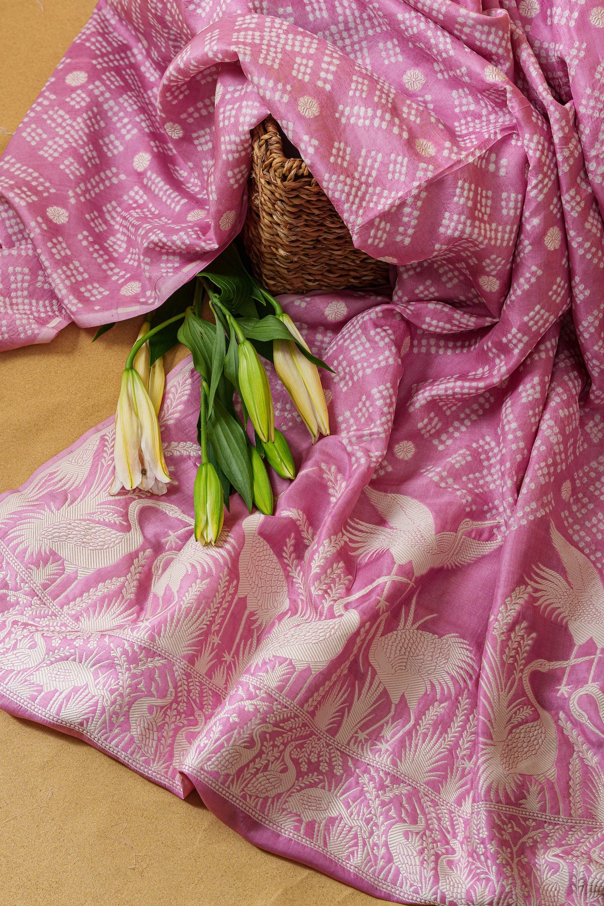 Pink Gajji Silk Bandhani Kurta With Parsi Gara-Unstitched