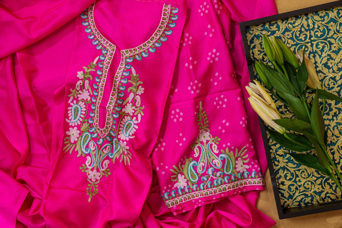 Deep Pink Bandhani And Aari Kurta Set-Unstitched