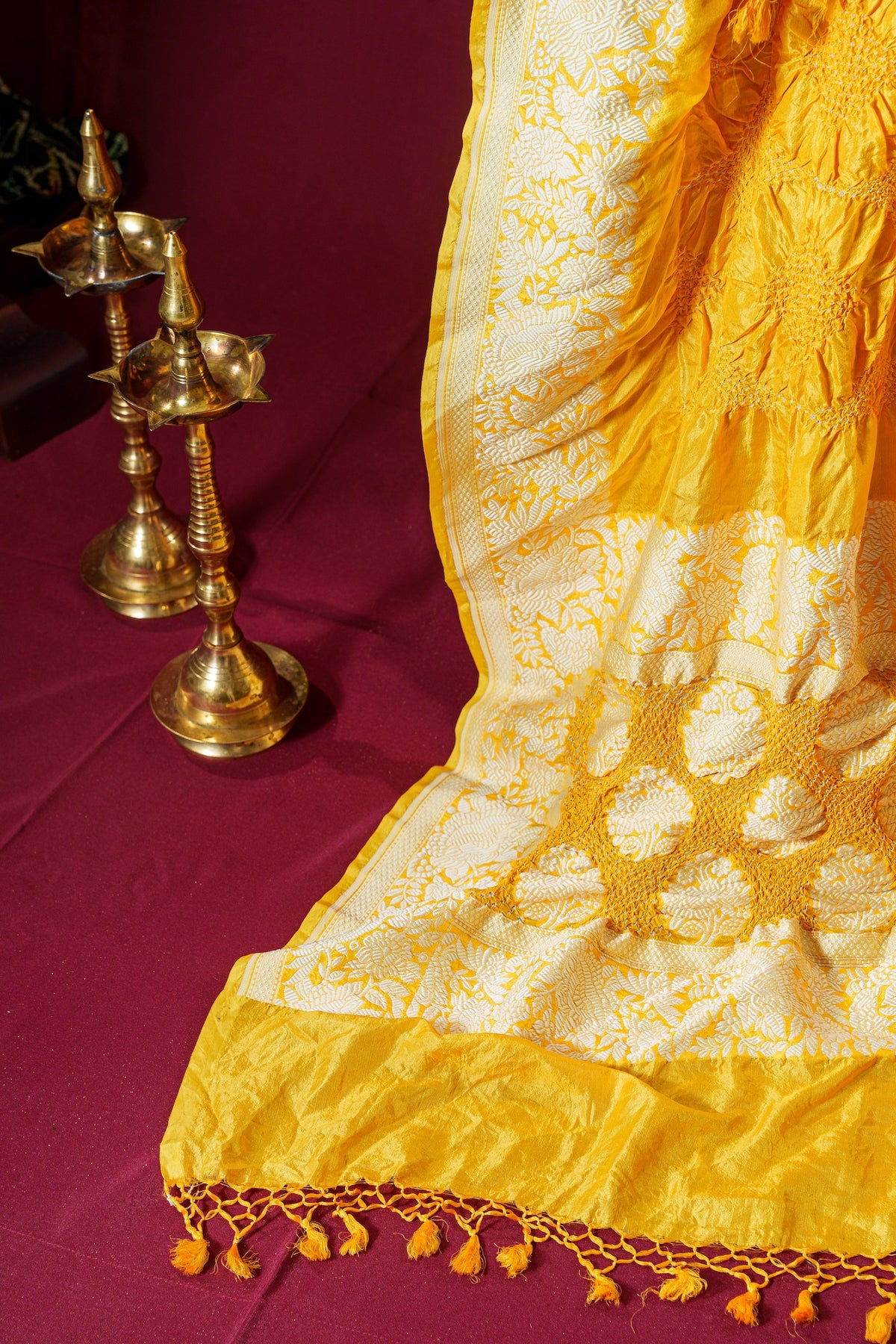 Saffron Yellow Silk Banarasi Bandhani Dupatta