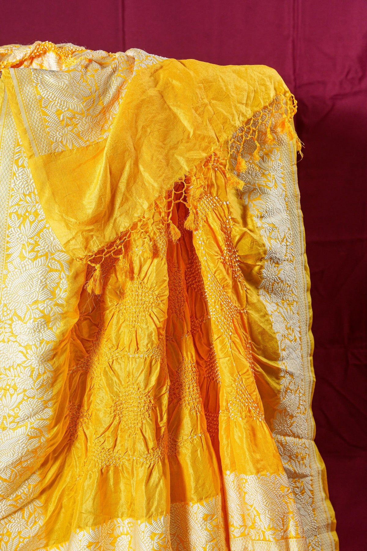 Saffron Yellow Silk Banarasi Bandhani Dupatta