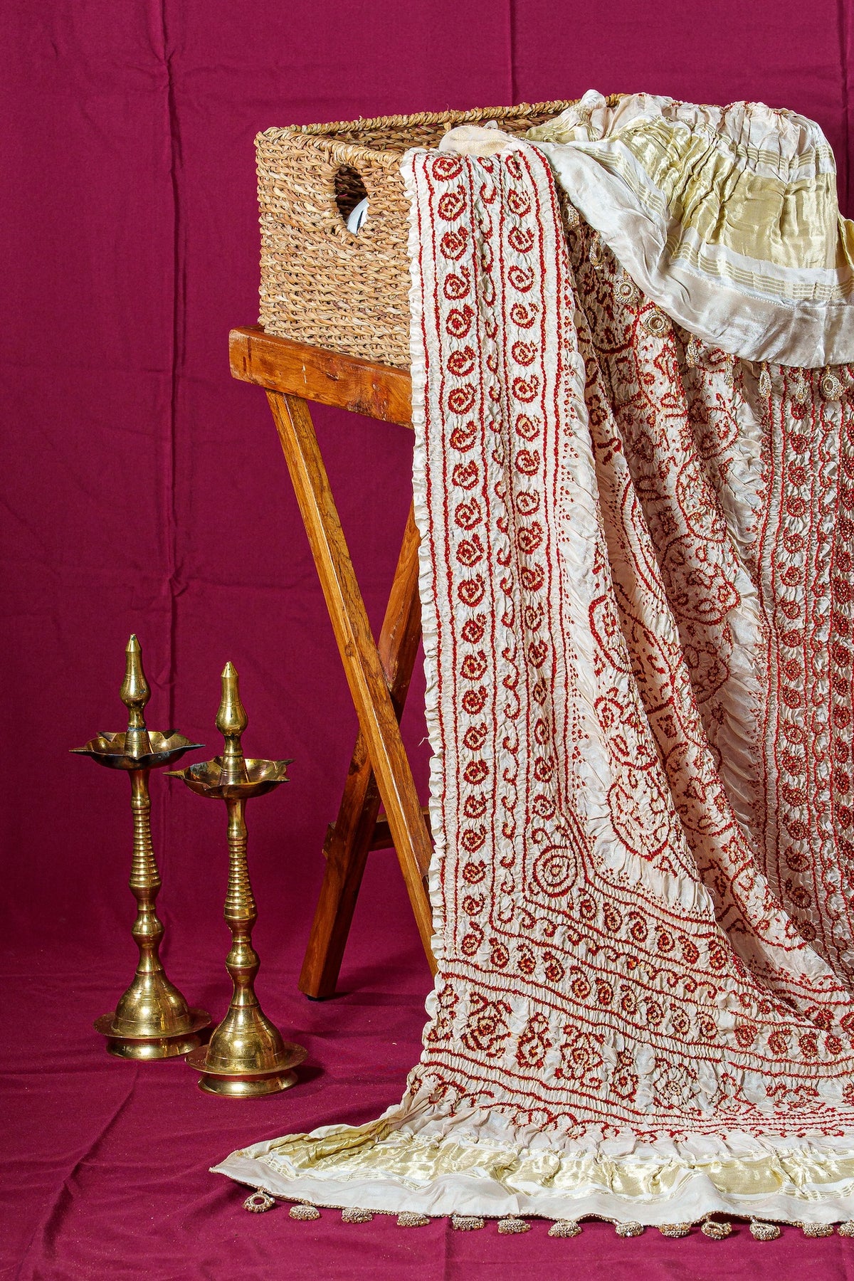 Ivory And Deep Red Silk Bandhani Dupatta