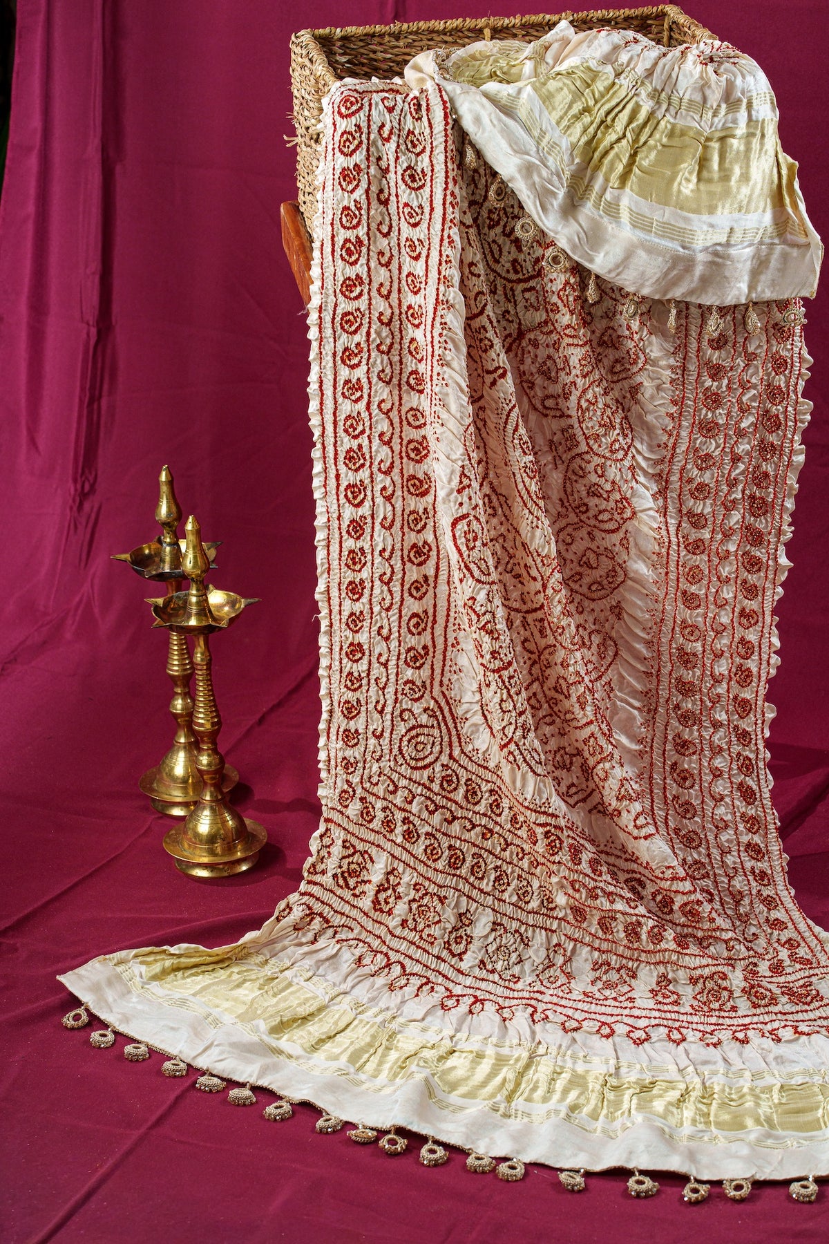 Ivory And Deep Red Silk Bandhani Dupatta