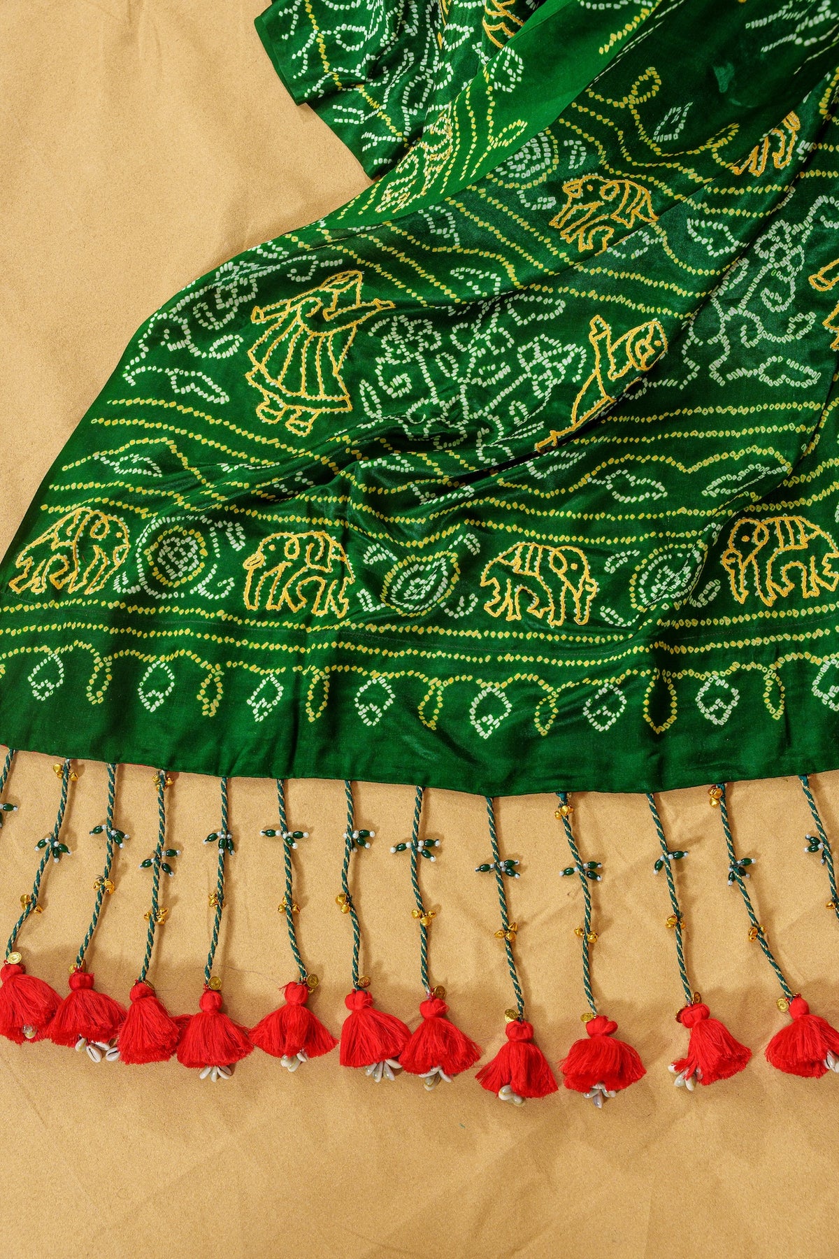 Deep Forest Green Pure Silk Bandhani And Aari Work Saree